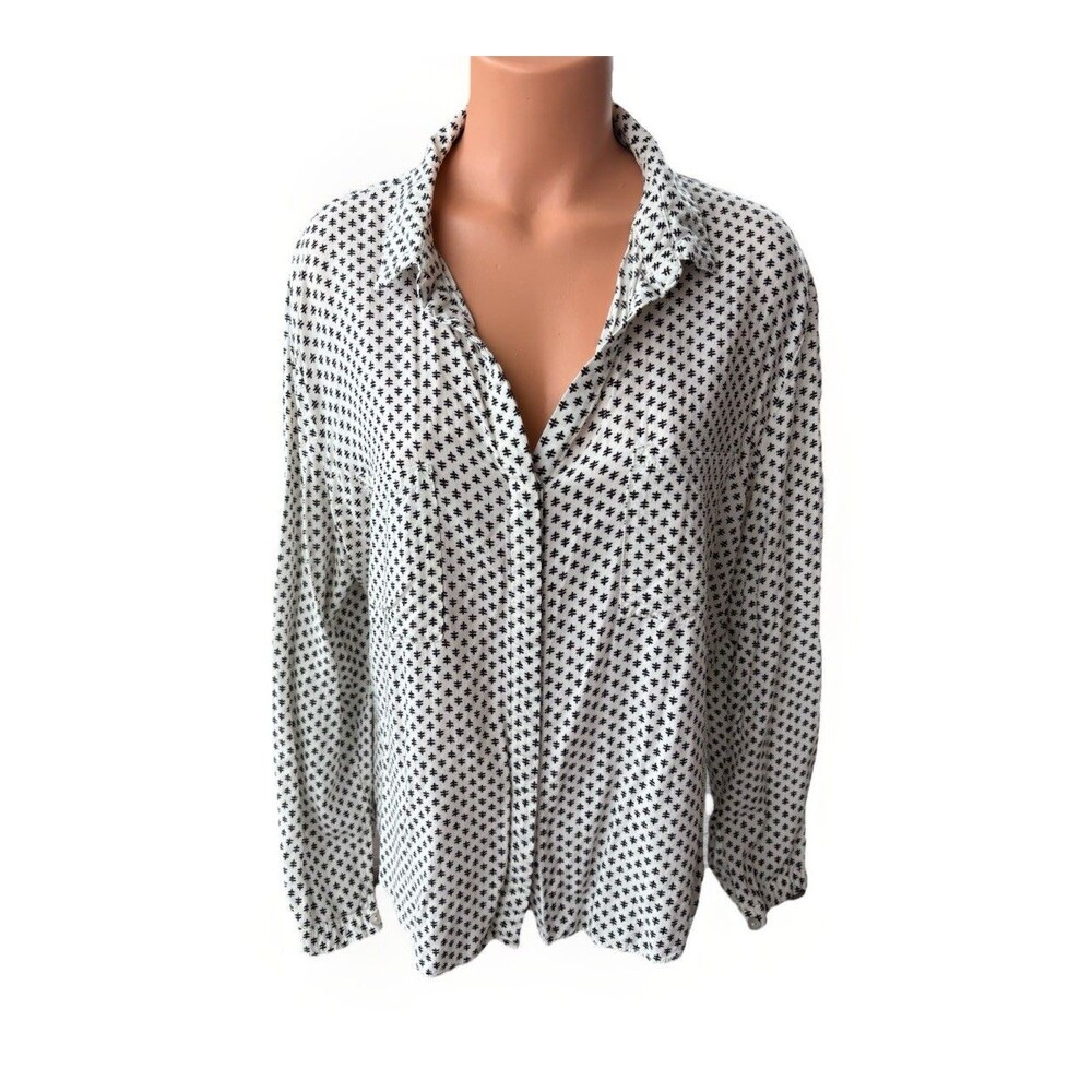 Luna Moon Black White Printed Blouse Size L Button Front